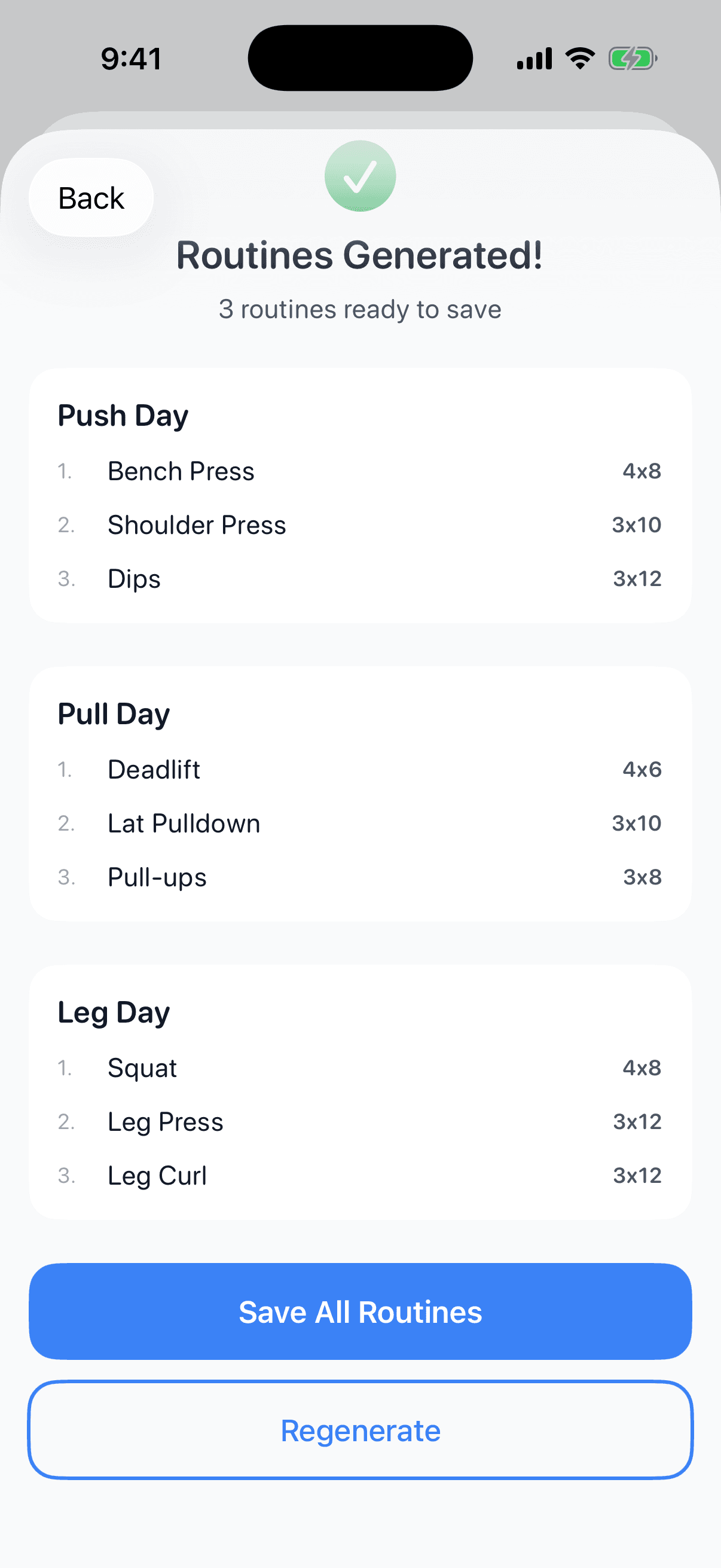 SayFit generated push, pull and leg routines ready to review