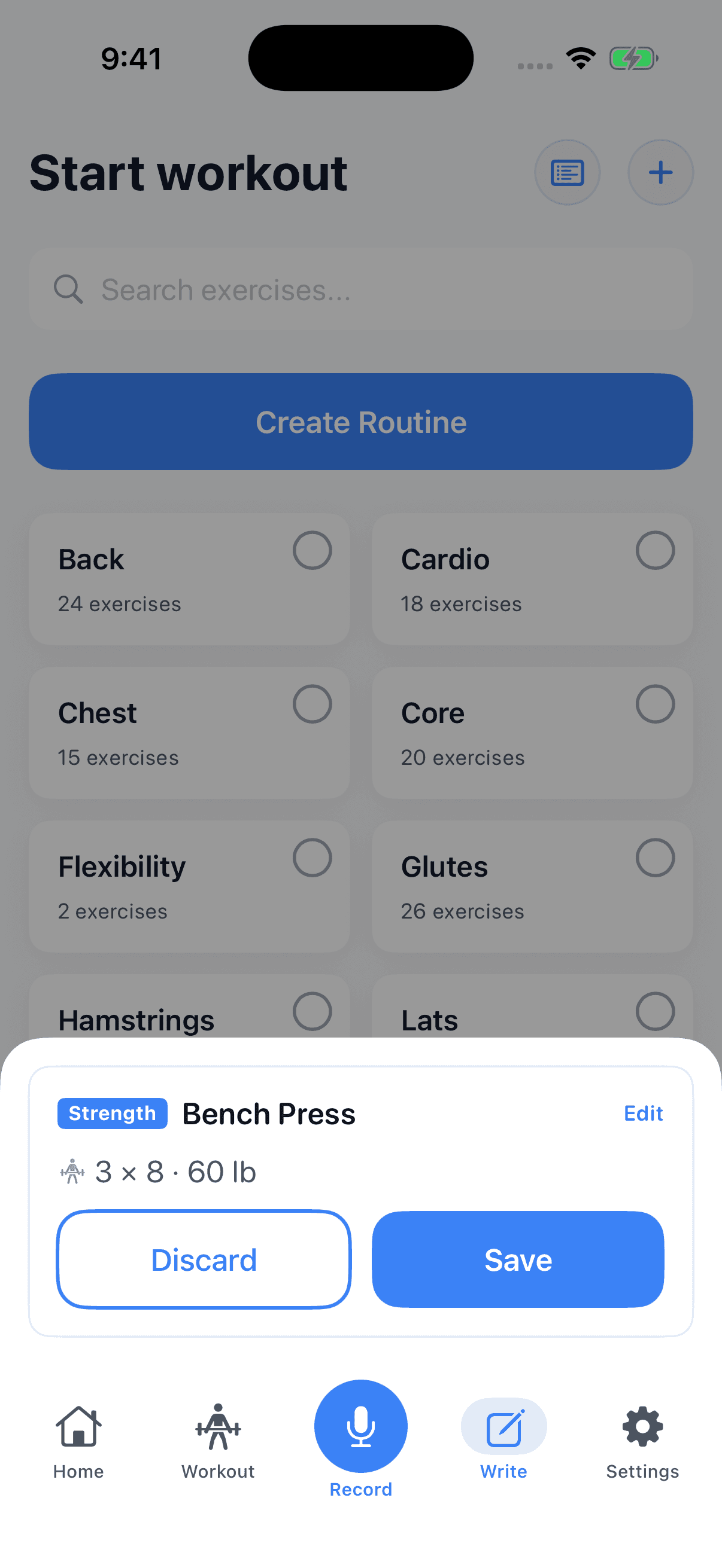 SayFit reviewing bench press sets from a workout entry
