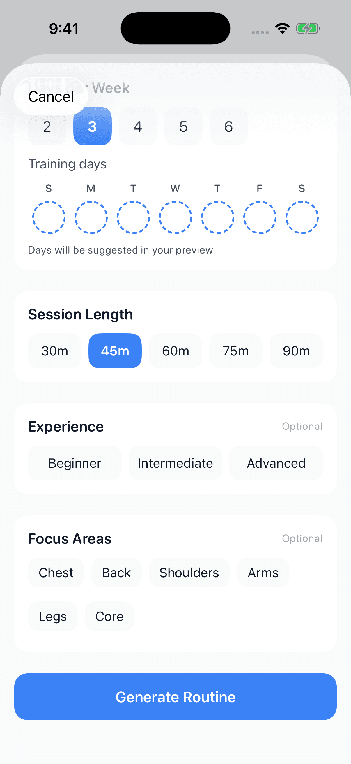 SayFit personalized routine inputs and training day controls