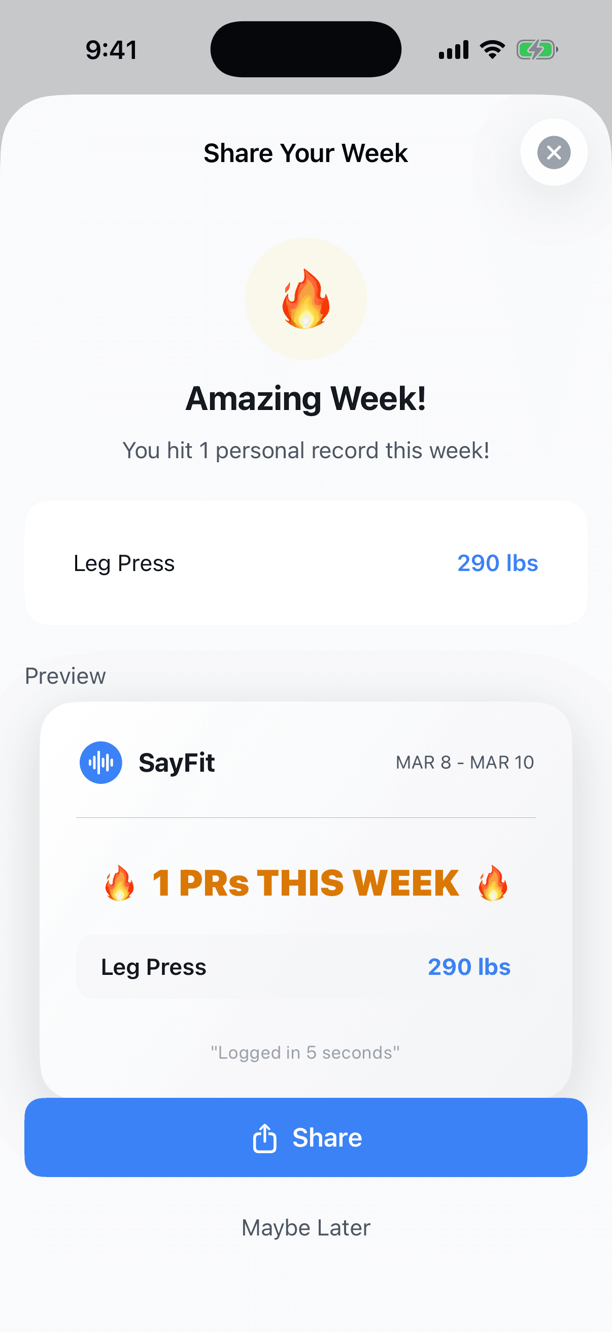 SayFit shareable weekly personal records preview